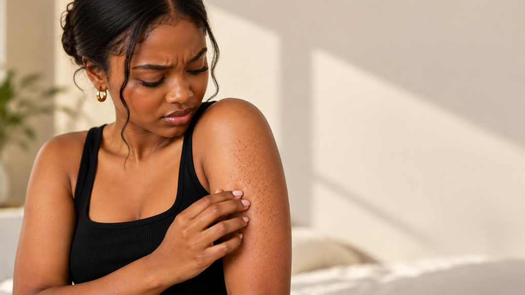 Woman with keratosis pilaris on her upper arm.