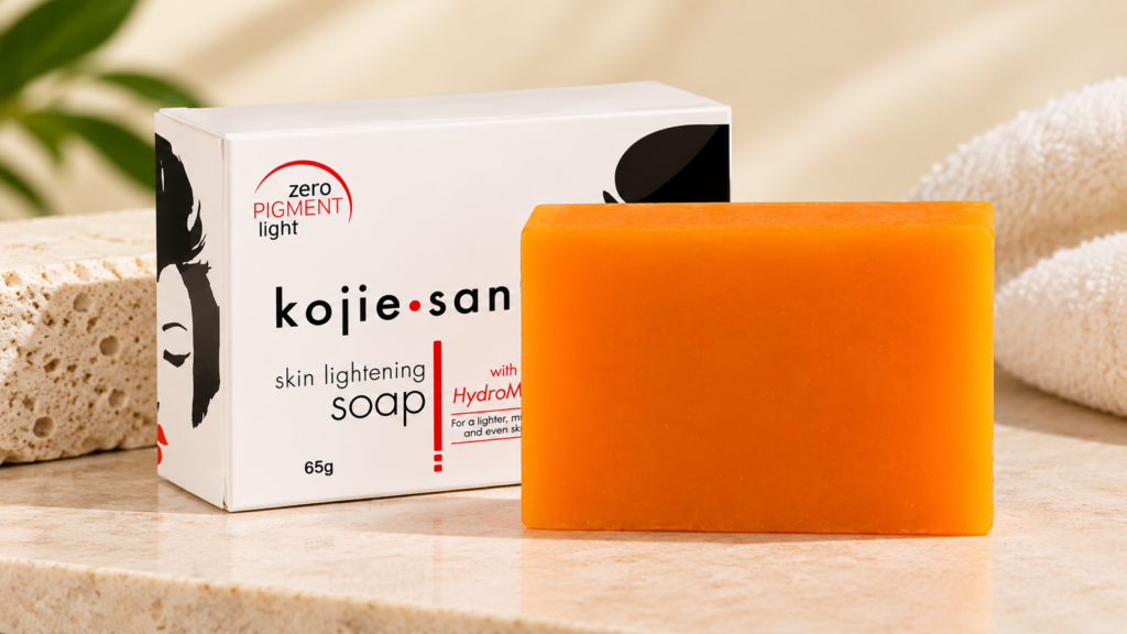 Kojie San Zero Pigment Light kojic acid soap bar and box.