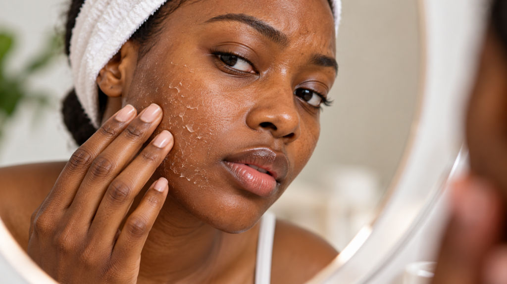 A woman with deep brown skin experiencing visible skin peeling and dryness on her cheek after using retinol vs tretinoin