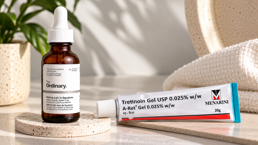 Retinol vs tretinoin gel displayed side by side on a neutral skincare vanity.