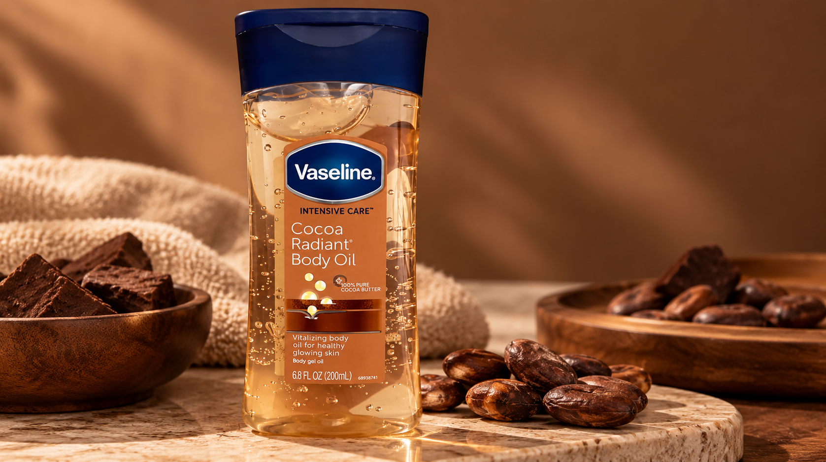 Vaseline Cocoa Radiant Body Oil 200ml bottle with amber gel, cocoa beans and chocolate pieces on a warm brown background.