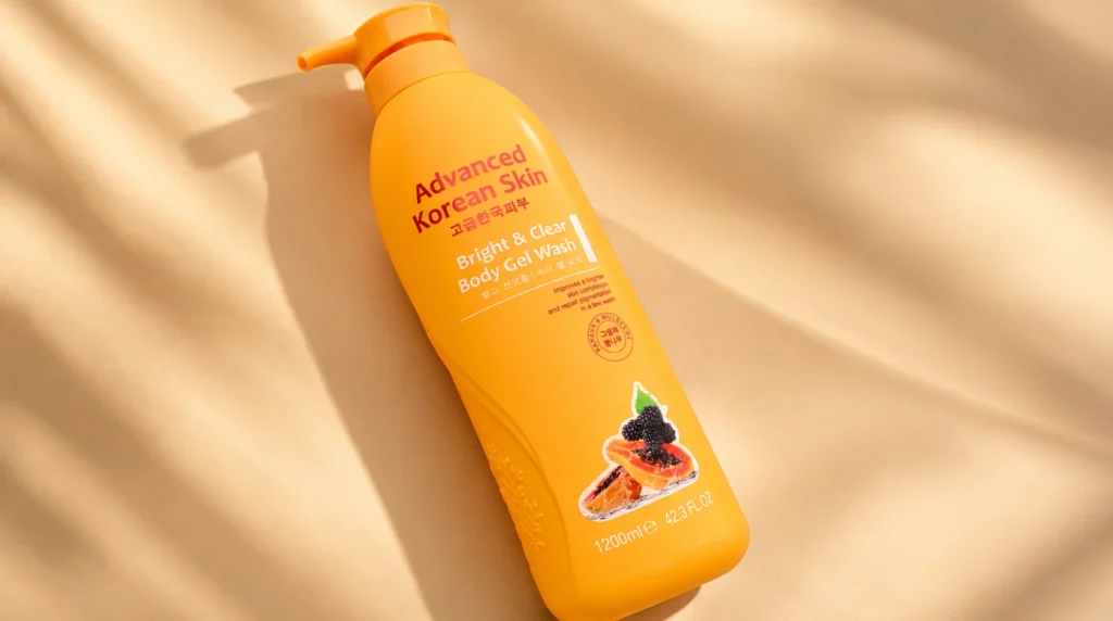 Advanced Korean Skin Bright & Clear Papaya Body Gel Wash on a warm beige background with soft, golden lighting.
