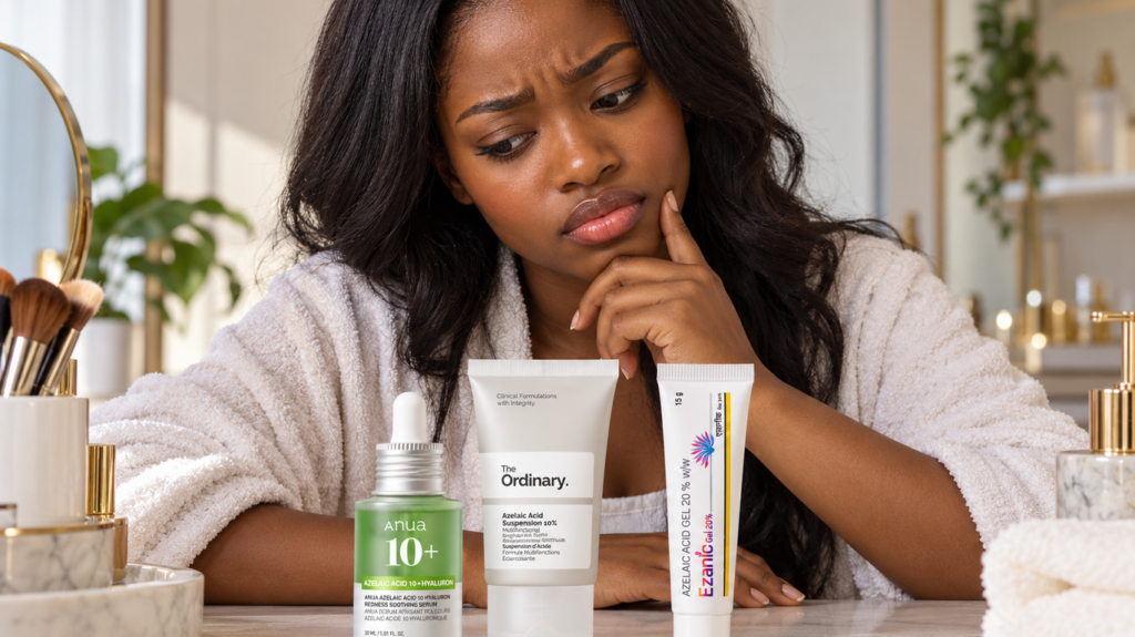 Image of a lady wondering which Azelaic acid product to buy