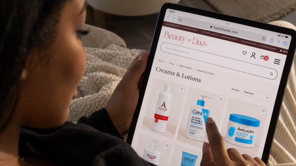 Woman shopping for keratosis pilaris treatments on the Beauty By Daz website.