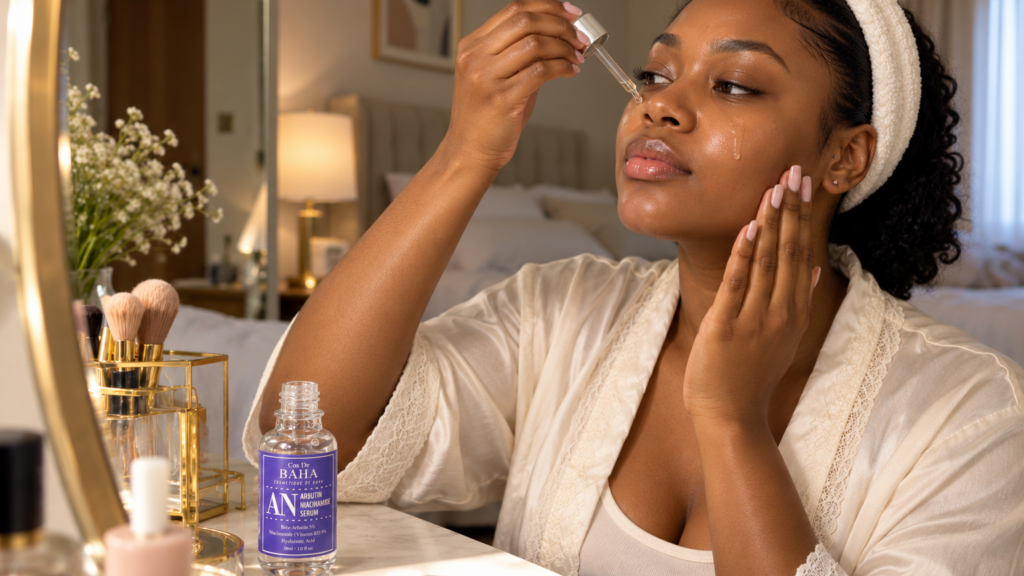 Black woman applying Cos De BAHA Alpha-Arbutin and Niacinamide serum at her bedroom vanity.
