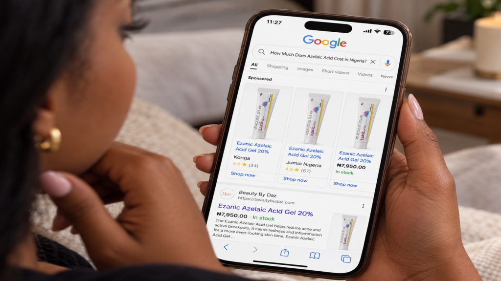 woman searching for available azelaic acid products