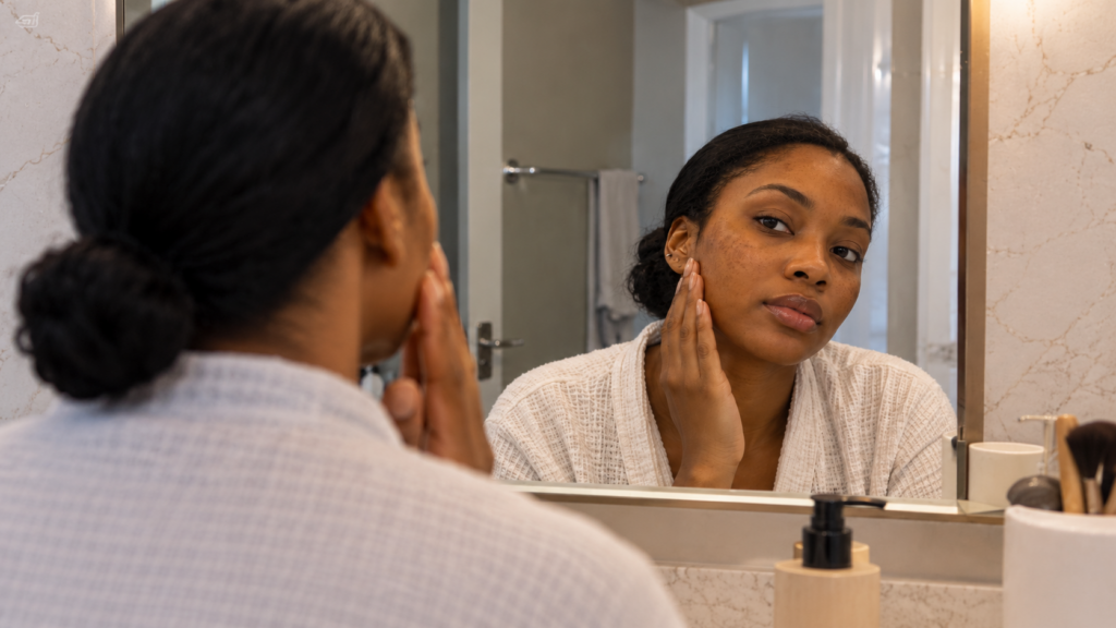 woman with melasma gently touching her skin concerns while looking at her reflection in the bathroom