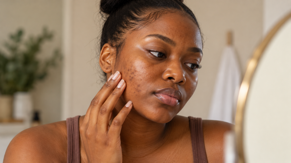 Close-up of a woman with deep brown skin gently touching her cheek, showing natural skin texture and post-acne dark spots.