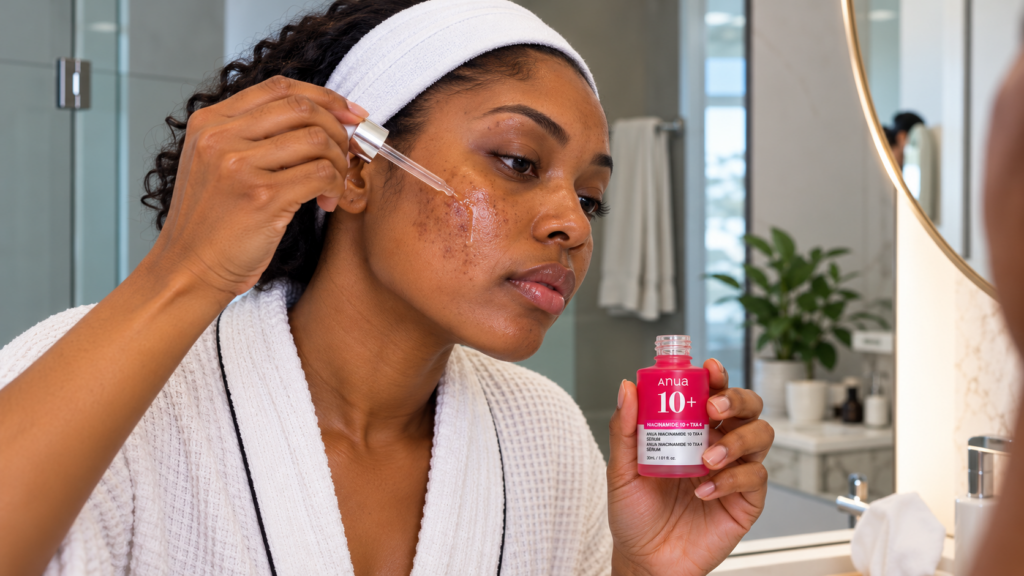 Woman applying Anua Niacinamide 10% + TXA 4% serum on her cheek.