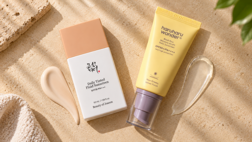 Beauty of Joseon Daily Tinted Fluid Sunscreen and Haruharu Wonder Black Rice Airyfit Daily Sunscreen with tinted cream and clear gel swatches on a beige stone surface.