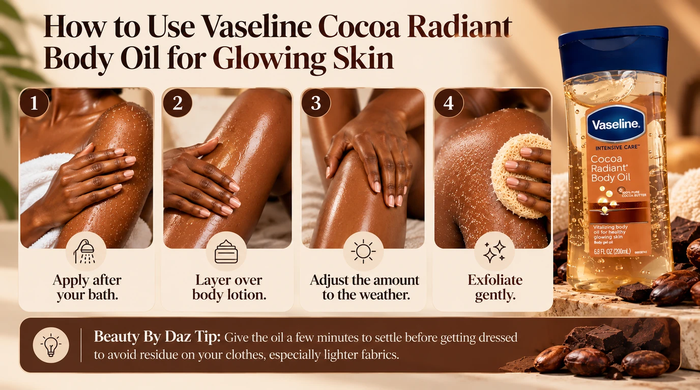 Infographic showing four steps for using Vaseline Cocoa Radiant Body Oil