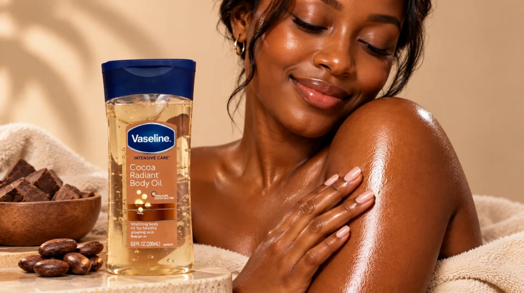 Vaseline Cocoa Radiant Body Oil bottle beside a dark-skinned woman with glowing, moisturised skin.